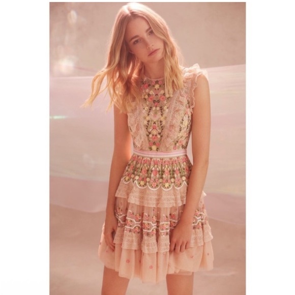 Needle & Thread Embroidered Lattice Ruffle Floral Rose Blush Dress Sz 8 - Picture 1 of 10
